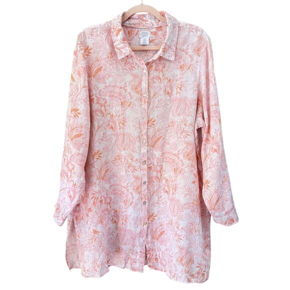 SIGRID OLSEN Linen Button Up Blouse Plus Size 1X Pink Paisley Print on White - Picture 1 of 9